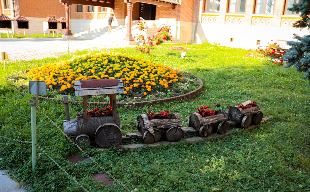 a train is sitting in the middle of a flower garden