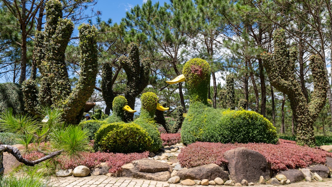 Topiary ducks in a garden setting