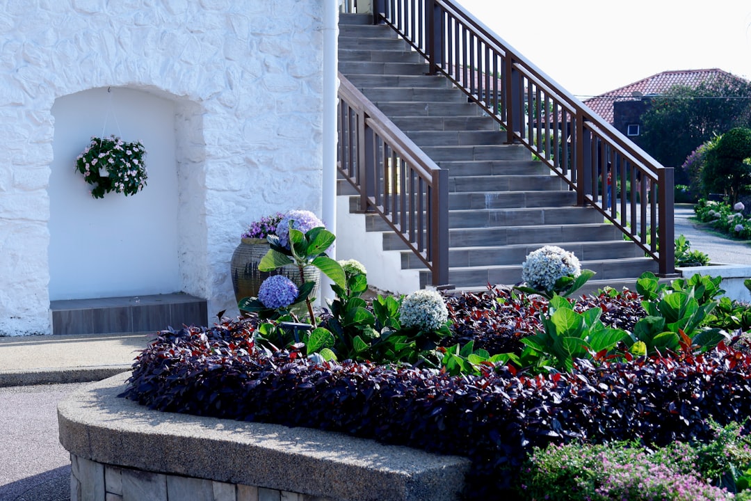 A white building with stairs and flower beds