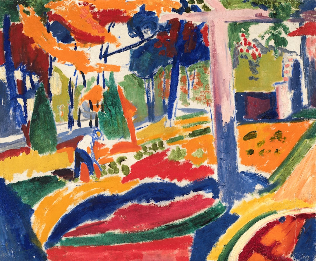 A person gardening in a colorful, abstract landscape.