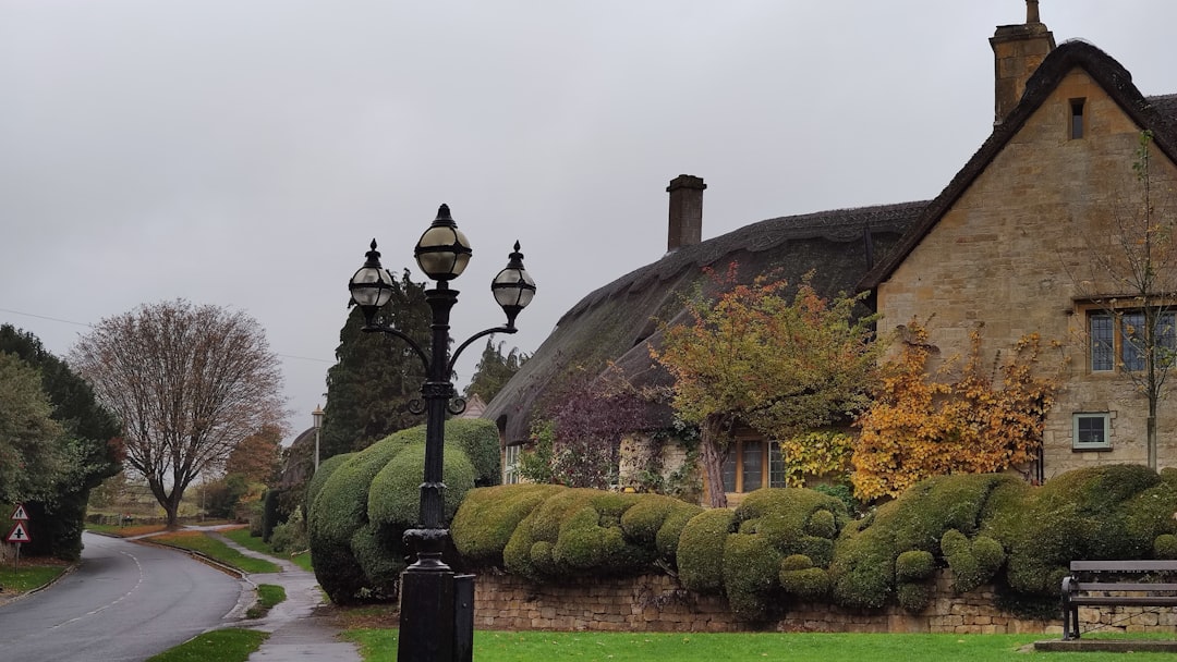 Thatched cottage with a lamppost and autumn trees